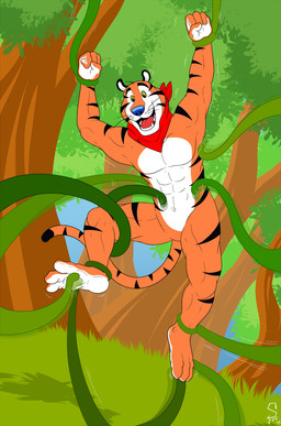 3_toes 4_fingers abs anthro black_tail_tip blue_nose dipstick_tail featureless_chest featureless_crotch feet fingers fur grass kerchief kerchief_only male markings mascot mostly_nude mostly_nude_anthro mostly_nude_male motion_lines muscular muscular_anthro muscular_male navel neckerchief neckerchief_only neckwear open_mouth open_smile orange_body orange_fur pecs plant red_kerchief red_neckerchief restrained smile solo striped_body striped_fur stripes tail tail_markings teeth tentacles tickle_fetish tickle_torture tickling tickling_armpits tickling_belly tickling_feet tickling_sides toes tongue tree vine_tentacles whiskers white_body white_fur siberio frosted_flakes kellogg's tony_the_tiger felid mammal pantherine tiger hi_res