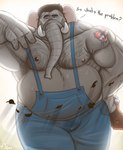 anthro arm_hair body_hair chest_hair clothing dialogue looking_at_viewer male mature_male musclegut muscular nipples overalls overalls_only overweight repairman slightly_chubby solo tattoo text toolbox anthony_milko frank_(anthony_milko) elephant elephantid mammal proboscidean english_text hi_res