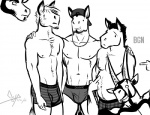 anthro clothed clothing empty_eyes facial_hair group hat headgear headwear horn jewelry male navel necklace nipples topless underwear bgn derrick_(bgn) haw jamie_the_oryx miguel_(bgn) antelope asinus bovid donkey equid equine grazing_antelope horse mammal oryx 2015 monochrome