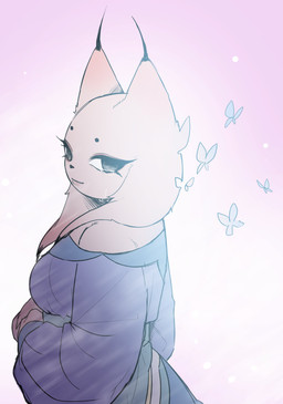 anthro bodily_fluids clothed clothing crying eyelashes female fur looking_at_viewer looking_back looking_back_at_viewer pink_body pink_fur smile solo tears yyang_gg nine_sols red_candle_games lady_ethereal_(nine_sols) arthropod butterfly felid feline insect lepidopteran lynx mammal solarian absurd_res hi_res