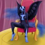 anthro armor biped black_body black_feathers blue_eyes breasts chair feathered_wings feathers female furniture genitals headgear helmet horn looking_at_viewer navel nipples nude pupils pussy sitting slit_pupils solo sparkles throne wings xlblackinklx friendship_is_magic hasbro my_little_pony mythology nightmare_moon_(mlp) equid equine mammal mythological_creature mythological_equine winged_unicorn 1:1 2013 hi_res