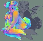 :o anthro areola big_breasts breasts claws eyelashes feet female fluffy fluffy_tail folded_ears fur horn humanoid_hands iridescent iridescent_areola iridescent_fur iridescent_nipples iridescent_tail membrane_(anatomy) membranous_wings multicolored_body multicolored_fur nipples nude open_mouth overweight overweight_anthro overweight_female paws pink_eyes rainbow_body rainbow_fur sitting solo sparklefur tail wings suippupupu demon lagomorph leporid mammal rabbit 2018 aliasing colorful_theme digital_media_(artwork) oekaki