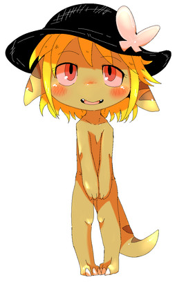 anthro black_clothing black_hat black_headwear blonde_hair blush clothing female hair hat headgear headwear open_mouth red_eyes simple_background smile solo stripes young young_anthro young_female doneru tany_(doneru) bamfear 2015 hi_res