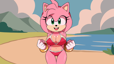 anthro beach big_breasts bikini breasts cleavage clothed clothing female solo swimwear two-piece_swimsuit artistosoft sega sonic_the_hedgehog_(series) amy_rose eulipotyphlan hedgehog mammal hi_res