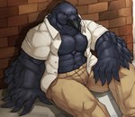 5_fingers abs anthro beak biceps big_muscles black_body black_feathers black_fur bottomwear brick_wall clothed clothing feathers fingers fur male muscular muscular_male open_clothing open_shirt open_topwear orange_eyes pants pecs shirt sitting solo topwear wall_(structure) cinna-tree avian bird corvid corvus_(genus) oscine passerine raven absurd_res hi_res