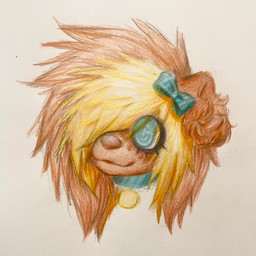 accessory alternative_fashion ambiguous_gender blonde_hair blue_eyes bow_ribbon brown_body brown_fur brown_hair collar eyelashes freckled_face freckles fur hair hair_accessory hair_bow hair_ribbon ribbons scene_(fashion) scene_haircut smile solo dreamscreep art_fight puree_(hyena_titz) canid canine canis domestic_dog mammal 1:1 colored_pencil_(artwork) hi_res traditional_media_(artwork)