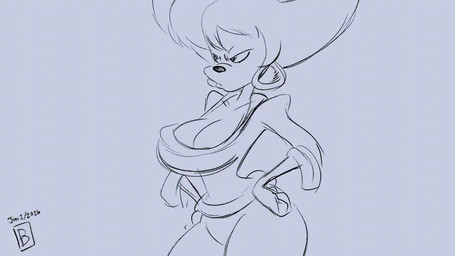4_fingers anthro bedroom_eyes big_breasts bouncing_breasts breast_fondling breast_play breasts clothing clothing_pull ear_piercing ear_ring exposed_breasts female fingers fondling hand_on_breast hoop_ear_ring looking_at_viewer motion_lines narrowed_eyes piercing ring_piercing seductive smile smiling_at_viewer solo thick_thighs toony topwear topwear_pull turning_around wide_hips insomniacpen disney goof_troop peg_pete canid canine canis domestic_dog mammal 16:9 2026 animated monochrome widescreen
