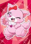 4_fingers accessory anthro bow_ribbon breasts eyelashes female fingers fluffy fluffy_tail fur hair_accessory hair_bow hair_ribbon inner_ear_fluff looking_at_viewer one_eye_closed one_leg_up open_mouth pattern_background pawpads pink_body pink_eyes pink_fur pink_nose raised_leg ribbons semi-anthro simple_background slightly_chubby slightly_chubby_anthro slightly_chubby_female small_breasts smile solo tail thick_outline thick_thighs tongue tuft wink winking_at_viewer 638t jewelpet sanrio sega sega_fave garnet_(jewelpet) domestic_cat felid feline felis mammal persian_cat 2025 hi_res signature