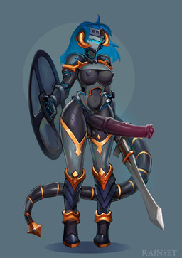 2_horns animal_genitalia animal_penis anthro armor armored_boots balls big_breasts big_penis black_body black_nipples blue_hair breasts drone equine_genitalia equine_penis genitals gynomorph hair horn huge_penis intersex medial_ring melee_weapon nipples penis shield solo sword tail unconvincing_armor weapon wearing_helmet rainset mythology dragon mythological_creature mythological_scalie scalie 2025 absurd_res hi_res