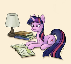 book female feral horn lamp lying reading reading_book simple_background smile solo pavoek friendship_is_magic hasbro my_little_pony mythology twilight_sparkle_(mlp) equid equine mammal mythological_creature mythological_equine unicorn hi_res