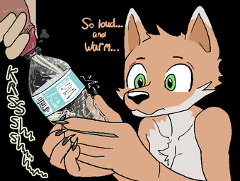 ambiguous_gender anthro black_background bodily_fluids bottle container duo foreskin genital_fluids genitals green_eyes grey_body holding_bottle holding_container holding_object human_on_anthro humanoid_genitalia humanoid_penis interspecies male male/male male_human offscreen_character offscreen_male orange_body peeing peeing_into_bottle peeing_into_container penis simple_background urine urine_stream water_bottle watersports hieronymusjohnson canid canine human mammal aliasing binary_drawing digital_drawing_(artwork) digital_media_(artwork)