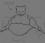 anthro bed belly bodily_noises clothed clothing directional_arrow eyes_closed furniture information_label male moobs navel overweight overweight_anthro overweight_male question_mark rumbling_stomach solo sound_effects text vowelless vowelless_sound_effect locitony clyde_(locitony) domestic_cat felid feline felis mammal english_text greyscale monochrome