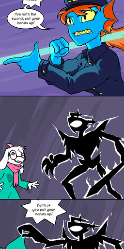 ambiguous_gender anthro female female_anthro group humor male male_anthro melee_weapon polearm police police_officer racism spear sword text trio weapon kazerad deltarune undertale_(series) ralsei roaring_knight undyne aquatic bovid caprine fish goat mammal shadow_creature english_text hi_res