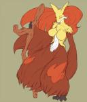 anthro big_breasts breasts canid canine chest_tuft delphox eyes_closed fdokkaku female fluffy fur generation_6_pokemon inner_ear_fluff long_fur mammal mane navel nintendo pokemon pokemon_(species) solo tuft