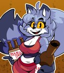 alcohol alcohol_bottle anthro beer beer_bottle beverage blue_body blue_fur blue_hair blue_tail bottle bottomwear breasts cleavage clothed clothing container dipstick_ears dipstick_tail ear_markings eyebrows eyelashes female female_anthro fingers fur hair holding_beer holding_beer_bottle holding_bottle holding_container holding_object looking_at_viewer markings multicolored_ears navel offering_to_viewer open_mouth open_smile red_bottomwear red_clothing red_topwear shirt sleeveless_clothing smile smiling_at_viewer solo tail tail_markings tank_top text topwear yellow_sclera cloudidoodles roxanne_oxley canid canine fox mammal 2022 absurd_res digital_drawing_(artwork) digital_media_(artwork) half-length_portrait hi_res portrait