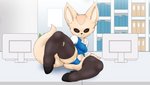 anthro breasts butt camel_toe clothed clothing electronics female fur inside legwear looking_at_viewer monitor office ring_binder solo spread_legs spreading tan_body tan_fur thick_thighs thigh_highs thong underwear brachyzoid aggretsuko sanrio fenneko canid canine fennec_fox fox mammal true_fox 2018 absurd_res digital_media_(artwork) hi_res