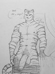 anthro athletic athletic_male balls big_penis clothing dialogue flaccid foreskin genitals male mostly_nude muscular muscular_male penis pubes solo undressing lewd_bunnie beastars bill_(beastars) bengal_tiger felid mammal pantherine tiger black_and_white hi_res monochrome traditional_media_(artwork)