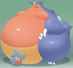 ambiguous_gender anthro belly big_belly claws duo garchomp generation_4_pokemon gible hgh_tkmt06 hi_res morbidly_obese morbidly_obese_ambiguous morbidly_obese_anthro nintendo obese obese_ambiguous obese_anthro overweight overweight_ambiguous overweight_anthro pokemon pokemon_(species) simple_background spikes standing