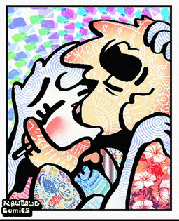 aloha_shirt anthro cheek_spots cigarette clothing duo ears_down eyes_closed floppy_ears fur kissing male pattern_clothing pattern_shirt pattern_topwear pivoted_ears shirt topwear white_body white_fur yellow_body yellow_fur rawdawgcomics bingus_(rawdawgcomics) stahli_(rawdawgcomics) bird_dog canid canine canis domestic_dog golden_retriever hunting_dog lagomorph leporid mammal rabbit retriever