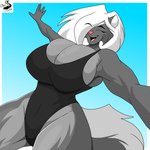 anthro big_breasts breasts clothing curvy_figure eyes_closed female huge_breasts one-piece_swimsuit smile solo swimwear voluptuous chrisandcompany kelsey_sienna mammal mephitid skunk 1:1 absurd_res hi_res