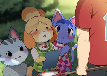 ambiguous_gender anthro biped black_nose blue_body blue_fur blue_tail blush clothed clothing detailed_background female fur grey_body grey_fur group larger_ambiguous larger_male light_body light_skin looking_up male open_mouth open_smile shadow size_difference smile standing tail teeth trio dagasi animal_crossing nintendo isabelle_(animal_crossing) lolly_(animal_crossing) rosie_(animal_crossing) villager_(animal_crossing) canid canine canis domestic_cat domestic_dog felid feline felis mammal 2025 hi_res