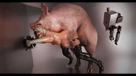 bent_over bestiality black_bars blindfold bodily_fluids boots breasts clothing cum cum_drip cum_inflation cum_inside cum_pool dirty dripping duo female female_on_feral feral feral_penetrating feral_penetrating_humanoid footwear from_behind_position gag genital_fluids gloves hair handwear hooves humanoid_on_feral humanoid_penetrated inflation internal interspecies legwear machine male male/female mounting nipples penetration ring_gag sex shoes standing thigh_boots thigh_highs white_hair nikotama_mk-2 nier_automata platinumgames yorha_2b android domestic_pig humanoid mammal robot suid suine sus_(pig) 16:9 3d_(artwork) censored digital_media_(artwork) hi_res letterbox mosaic_censorship widescreen