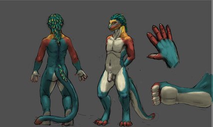 anthro balls blue_body blue_feathers butt claws feathers feet flaccid front_view genitals grey_background looking_at_viewer male male_anthro multicolored_body navel nipples nude nude_anthro nude_male orange_body penis rear_view red_body simple_background solo standing tail white_body yellow_body jeri_kleinlowe lizard reptile scalie 2021 5:3 colored