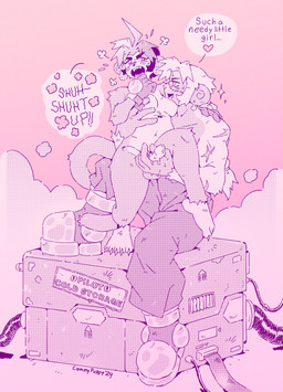 ahoge anthro biped box cable clothed clothed_anthro clothing cloud container duo ear_piercing ear_ring emanata gynomorph hair handjob heart_symbol intersex nude penile piercing pink_background ring_piercing sex shut_up simple_background text yelling cammypuppy haplorhine mammal monkey primate english_text hi_res
