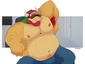 anthro arm_hair armpit_hair beard belly body_hair bottomwear chair clothed clothing denim denim_bottomwear denim_clothing facial_hair furniture hand_behind_head happy_trail hat headgear headwear inside jeans male musclegut muscular muscular_anthro muscular_male navel nipples overweight overweight_anthro overweight_male pants red_beard red_clothing red_facial_hair red_hat red_headwear red_nipples solo text text_on_clothing text_on_hat text_on_headwear topless trucker window panditakei bowser_day mario_bros nintendo bowser dragon_koopa koopa mammal scalie 4:3 absurd_res english_text hi_res signature