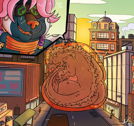 anthro belly big_belly circuit_markings city city_background cityscape duo flustered fur green_eyes grey_body grey_fur hair huge_belly hyper hyper_belly machine macro macro_prey male markings moobs oral_vore orange_body overweight overweight_male pink_hair size_difference visor_eyes vore raccoonkind sylo_(malachivolta) dyno_(malachivolta) humanoid kaiju robot absurd_res hi_res