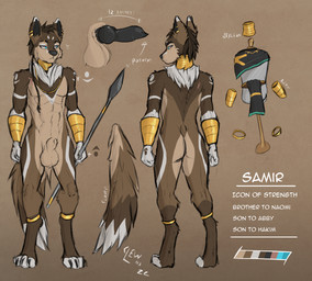 animal_genitalia anthro balls clothing erection fur genitals gold_(metal) gold_jewelry hair jewelry male melee_weapon nude penis piercing polearm sheath solo spear tan_body tan_fur weapon qew123 samir_(qew123) canid canine canis mammal wolf