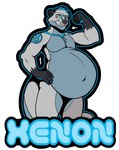 anthro badge belly big_belly flexing hair hand_on_hip male navel solo text hausedge xenon_(xenonotter) canid canine canis hybrid mammal mustelid otter wolf 2024 english_text hi_res