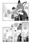 anthro blush building canid canine car cheek_tuft clothed clothing comic dialogue disney dogear218 duo english_text facial_tuft fox fur hard_translated head_tuft judy_hopps lagomorph leporid mammal monochrome necktie nick_wilde one_eye_closed open_mouth outside police police_uniform rabbit red_fox shirt smile speech_bubble text third-party_edit thought_bubble topwear translated true_fox tuft uniform vehicle zootopia