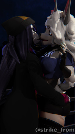 anthro clothed clothing duo female female/female fully_clothed hands_on_hips kissing surprised strikefrommidnight samzan_(modeler) hellaverse helluva_boss mythology loona_(helluva_boss) octavia_(helluva_boss) avian bird canid canid_demon canine demon hellhound mammal mythological_canine mythological_creature owl 3d_(artwork) 4k 9:16 absurd_res digital_media_(artwork) hi_res huge_filesize