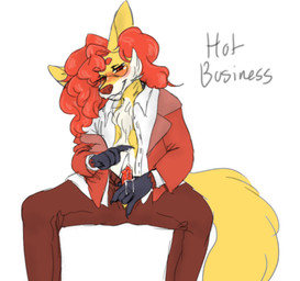 animal_genitalia anthro blush bodily_fluids bottomwear canine_genitalia clothed clothing cum eyewear fangs fluffy genital_fluids genitals glasses hair long_hair male masturbation open_bottomwear open_clothing open_pants pants shirt simple_background solo suit teeth temptation topwear unbuttoned_shirt white_background asmodite nintendo pokemon trapixen canid canine delphox fennec_fox fox generation_6_pokemon mammal pokemon_(species) true_fox