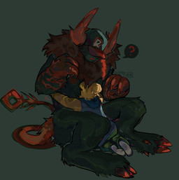 2_horns 2_toes 4_fingers ambiguous_gender anthro black_body black_cap black_fur blue_clothing blue_topwear bottomwear claws clothed clothing confusion duo face_on_chest feet finger_claws fingers footwear fur glistening glistening_body glistening_fur green_bottomwear green_clothing green_pants grey_background hair hat hat_only headgear headgear_only headwear headwear_only hoodie hooves horn hug hugging_another human_on_anthro interspecies long_tail male male/ambiguous mostly_nude multicolored_body multicolored_fur neck_tuft pants ponytail question_mark red_claws red_hooves red_tail simple_background size_difference socks tail toes topwear tuft two_tone_body two_tone_fur unguligrade yellow_body yellow_skin whirrbox forsaken_(roblox) guest_666_(forsaken) noob_(forsaken) noob_(roblox) demon human mammal monster 2025 colored shaded signature