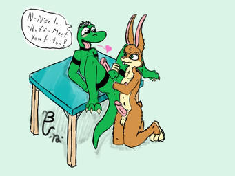 anal anal_fisting anal_penetration anthro anthro_on_anthro balls blush breasts brown_body brown_fur dialogue duo erection fisting fur furniture genitals green_body green_eyes green_skin gynomorph gynomorph/male heart_symbol humanoid_genitalia humanoid_penis intersex intersex/male interspecies kneeling lost_my_keys lying male nipples on_back on_table penetration penis pink_nipples pink_penis simple_background speech_bubble spread_legs spreading table text white_background white_body white_fur brave_ulysses lagomorph leporid mammal rabbit scalie 2012 4:3 english_text