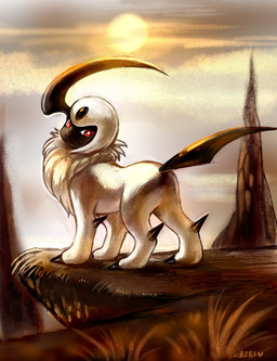 ambiguous_gender cloud day feral fur grass plant red_eyes solo sun koriarredondo nintendo pokemon absol generation_3_pokemon pokemon_(species) hi_res signature