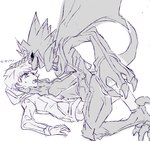 anthro asphyxiation black_sclera choking claws clothing duo evil_grin eye_contact jacket looking_at_another male smile straddling topwear bakamaokun bandai_namco digimon digimon_ghost_game hiro_amanokawa digimon_(species) gulusgammamon human mammal