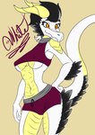 anthro feathers female horn solo sportswear tail crowhite mythology laika_(crowhite) dragon hybrid mythological_creature mythological_scalie scalie absurd_res hi_res