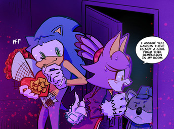 anthro anthro_on_anthro blush bodily_fluids bouquet box_of_chocolates candy chocolate dessert dialogue door female female_anthro flower flower_bouquet food forehead_gem gem group heart_box hero hiding male male/female male_anthro plant princess romantic romantic_couple rose_(flower) royalty snickering suspension sweat text trio aimike17 sega sonic_the_hedgehog_(series) blaze_the_cat gardon sonic_the_hedgehog domestic_cat eulipotyphlan felid feline felis hedgehog koala mammal marsupial vombatiform english_description english_text hi_res