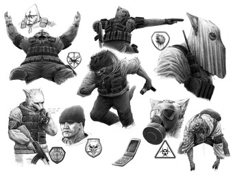 action_pose ak-47 ak_platform anthro assault_rifle beanie biohazard_symbol camera cigarette clothing electronics gas_mask group gun hair handgun hat hazard_symbol headgear headwear hood hoodie infected male mask messy_hair military phone pistol pose ranged_weapon rifle smoking smoking_cigarette symbol terrorism text topwear vest walkie-talkie weapon mikelocesterlanders canid canine felid feline human mammal undead zombie english_text hi_res monochrome sketch