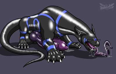 4_legs animal_genitalia animal_penis anthro balls big_balls big_penis bodily_fluids canine_genitalia canine_penis claws drooling ear_piercing eyeless eyewear fangs feral genital_fluids genitals glasses glistening glistening_body glistening_skin huge_balls huge_penis knot knotted_penis latex leaking_precum long_tongue male markings open_mouth paws penis piercing precum saliva solo tail teeth tongue tongue_out vein veiny_penis nethgoorat neth_rusiki_azhti ambiguous_species 14:9 hi_res