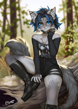 anthro black_hair blue_eyes blue_highlights boots bottomwear breasts clothed clothing day detailed_background ear_piercing ear_ring female footwear forest grass hair highlights_(coloring) industrial_piercing inner_ear_fluff medium_breasts off_shoulder outside piercing plant ring_piercing shirt shoes shorts smile solo topwear tree tuft whiskers dragonfu maya_nightbringer domestic_cat felid feline felis mammal 2023 digital_media_(artwork) hi_res