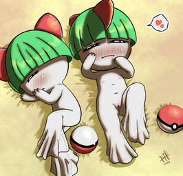 2_horns arms_bent bent_leg bent_legs blush closed_frown duo eyes_closed feet female female_focus flat_chested frown genitals glistening glistening_hair green_hair hair hand_on_face heart_symbol horn looking_at_viewer looking_away lying mouth_closed navel nipples on_back on_ground on_side pink_nipples pokeball raised_arms simple_background sleeping touching_face translucent translucent_body vulva white_body yellow_background young young_female lahuncham nintendo pokemon generation_3_pokemon humanoid pokemon_(species) ralts 2019 dated hi_res signature