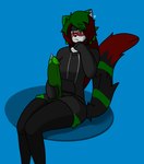 anthro big_penis blush bodily_fluids clothing eyewear genital_fluids genitals glasses green_hair green_penis gynomorph hair heart_symbol hoodie intersex legwear penis precum shy solo thigh_highs topwear chromer_exe chromer.exe domestic_cat felid feline felis mammal hi_res