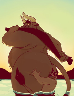 anthro anthro_on_anthro belly big_belly big_butt brown_body brown_fur butt duo ear_piercing ear_ring floppy_ears fur glistening glistening_eyes horn huge_belly huge_butt male male/male male_anthro narrowed_eyes nude obese obese_anthro obese_male outside overweight overweight_anthro overweight_male partially_submerged piercing ring_piercing size_difference standing tail tail_tuft tongue tongue_out tuft wet wet_body chocolateandmilk richard_(chocolateandmilk) bovid bovine canid canine canis cattle domestic_dog mammal hi_res