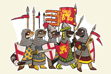 anthro armor boots chainmail clothing eyebrows eyes_closed flag flag_(object) footwear group knight male melee_weapon polearm shield shoes smile smiling_at_another spear sword tail teeth teeth_showing tongue tongue_out venetian warrior weapon mawkvlt 3:2