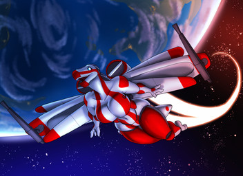 3_fingers anthro arc-170_starfighter big_breasts blue_eyes breasts collarbone eyebrows eyelashes female fingers machine open_mouth planet red_body solo space vehicle white_body toughset star_wars living_machine living_vehicle 2024 hi_res