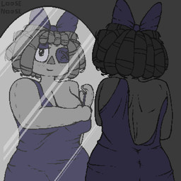 3_fingers bedroom_eyes big_breasts big_butt blush bow_ribbon breasts butt curly_hair doll female fingers freckled_chest freckles hair looking_at_viewer mirror narrowed_eyes rag_doll_(toy) reflection seductive smile solo wide_hips loose_noose glitch_productions the_amazing_digital_circus ragatha_(tadc) animate_inanimate humanoid living_doll mammal 1:1